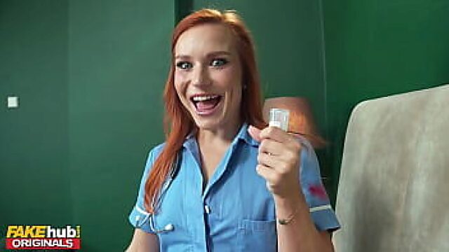 Flame-Haired Nurse Flaunts Bald Beaver For A Jizz Deposit On Fakehub