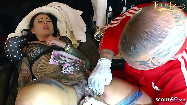 German Snowwhite Gets Painful Pussy Tattoo And Blows Dick