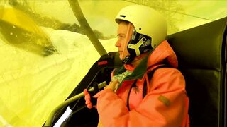 Exhibitionist Girl On Skis In The Mountains In The Ski Lift