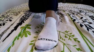 Neighbor's Wife Gives Me A Socksjob, A Handjob In Beautiful White Socks, I Cum On Her Little Feet