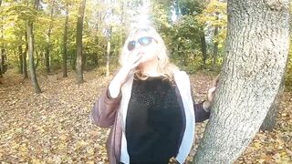 Chubby On Forest Smoking And Play With Toy With Boobs