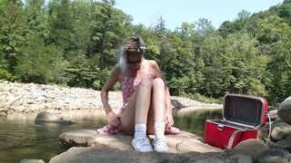 Outdoor Creek Masturbation With Flogger, Wooden Massager, And Stacker 2 Energy Drink Can