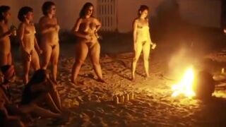 Group Of Naked Girls Pissing On The Bonfire At The Outdoor Party