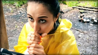 Brunette Girl In Yellow Raincoat Sucks Cock Outdoors