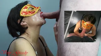 Milf With A Red Mask Sucks Her Husbands Big Cock And Takes A Huge Facial To Taste The Cum