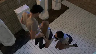 Two Girls Stalk A Guy In The Bathroom For A Threesome