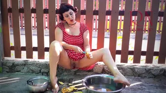 Retro Maid Prepares Potatoes For Dinner Vintage Performance Vintage Maid Have No Panties Summertime