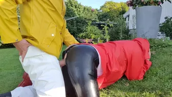 Squirting On Wife's Raincoat And Ripped Latex Leggings