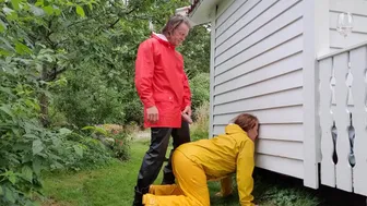 Pissing On Milf In Full Rainwear And Rubber Boots In The Garden