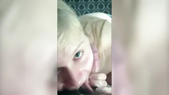 Enthusiastic Young Blonde Woman Strokes It Out And Swallows It