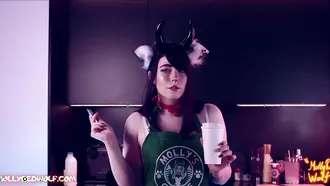 Cosplaying As A Starbucks Worker And Getting Fucked Between Her Thighs