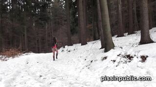 Girls In Need Skate Around In The Snow To Find A Proper Place To Have A Pee