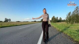 Hot Bitch Hitchhikes In Tight Leggings, Shows Tits And Ass And Pays For The Ride With Sex