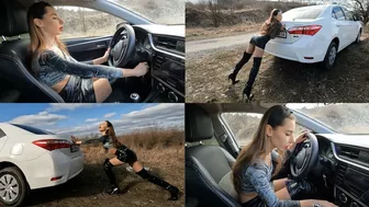 Nastya Can't Start Her Car And Trying To Push It