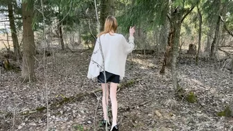 A Thin Long-Legged Girl Got Lost In The Forest In A Miniskirt And Black Patent Leather Shoes With High Heels, She Overcomes Obstacles And Loses Her Shoes