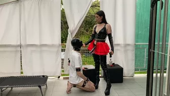 Young Goddess Pegging With Slave On Patio