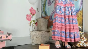 Squatting In Long Flower Skirt