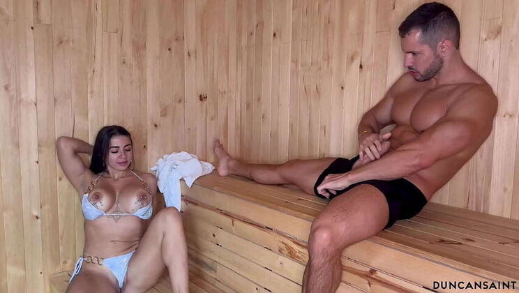 Sultry Sauna Tryst: Lingerie-Clad Latina And Muscular Hunk